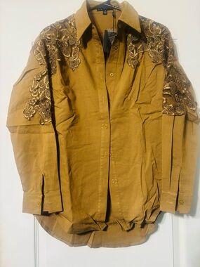 Embroidered Mustard Button-Front Jumpsuit Shirt